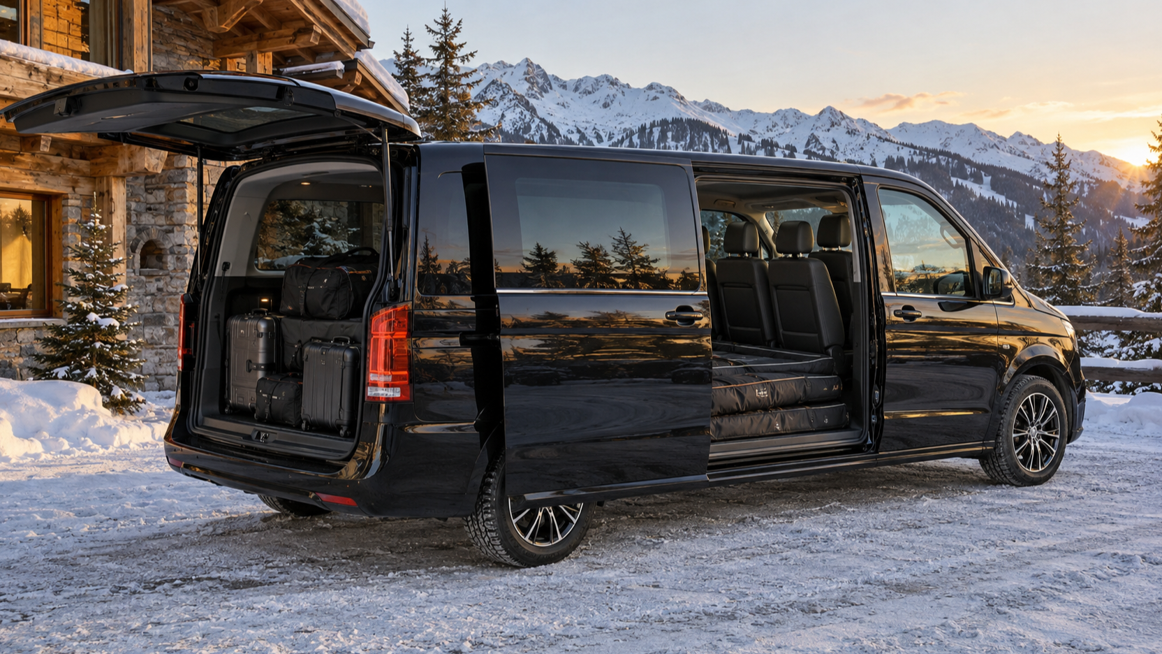 A black passenger van with its tailgate open outside a snowy Alpine chalet