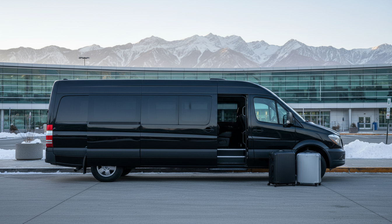 A black passenger van waiting outside an airport terminal in winter