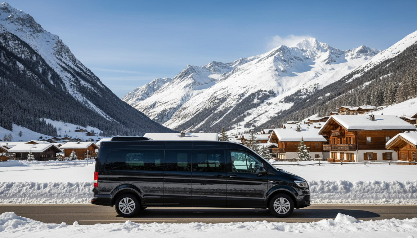 A black passenger van on a snowy Alpine valley road below a ski village