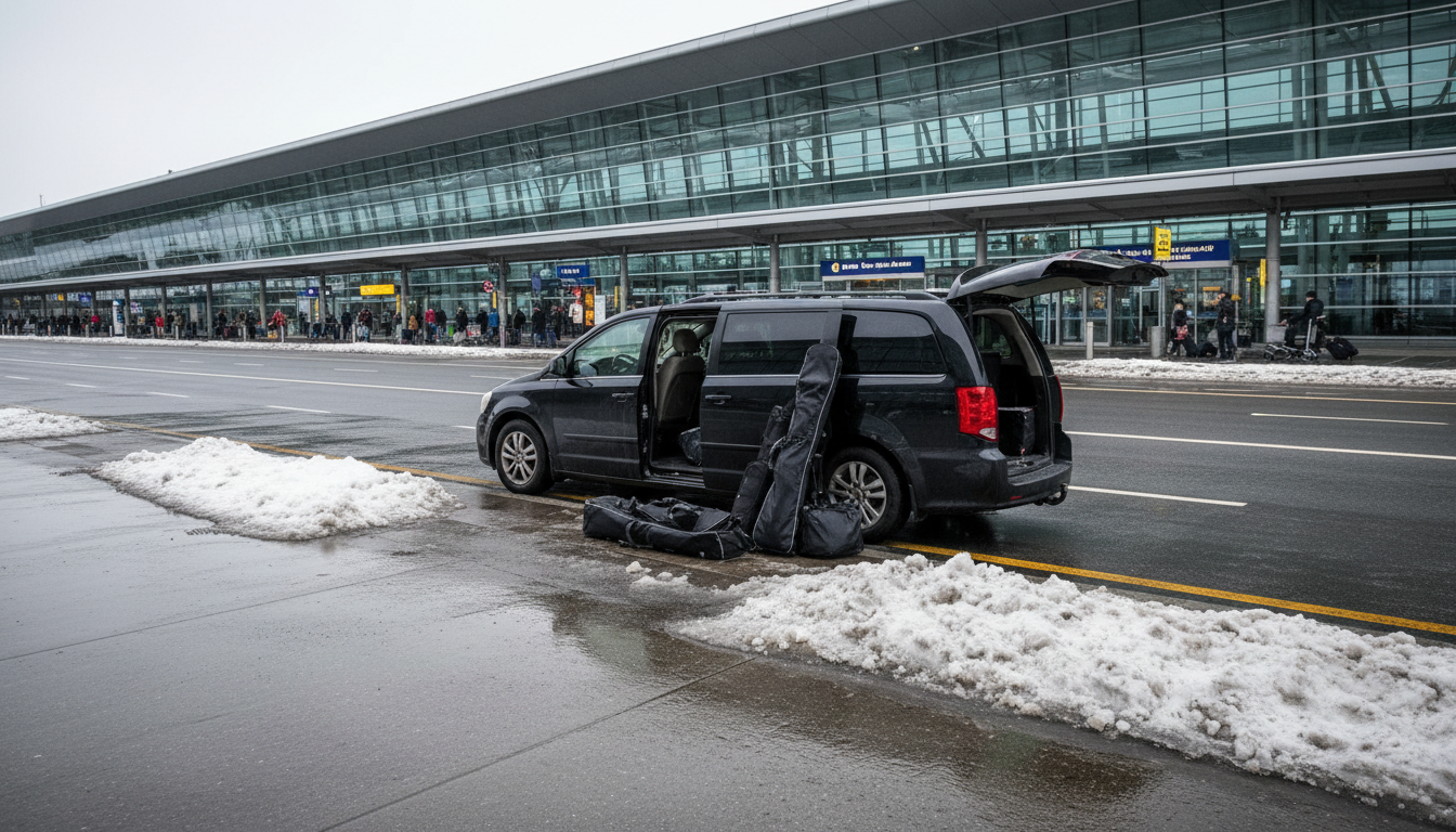 A minivan loading ski bags outside Geneva Airport arrivals in winter