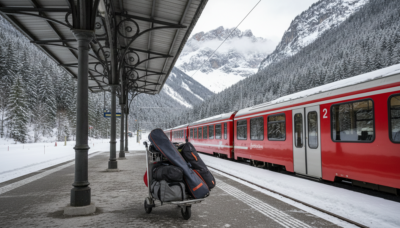 A snowy Alpine railway platform with ski bags on a luggage trolley