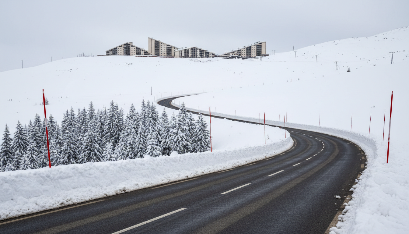 A cleared mountain road curving through deep snow below a French Alpine resort