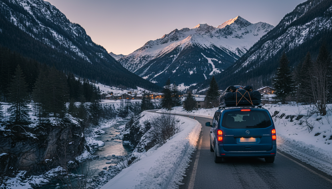 A minivan with ski bags on a snowy Tarentaise valley road at dusk