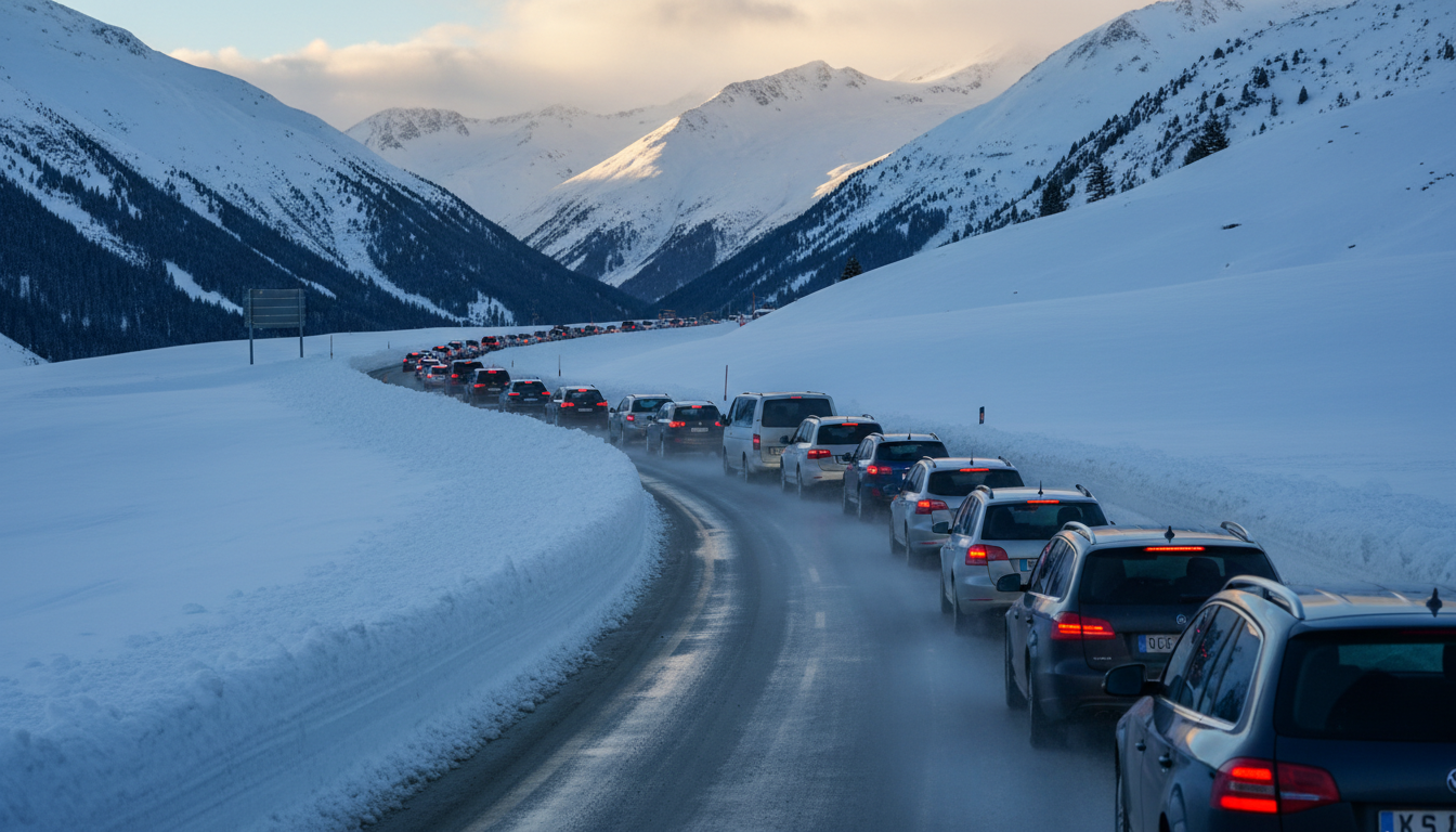 A line of cars on a snow-lined valley road on a changeover Saturday