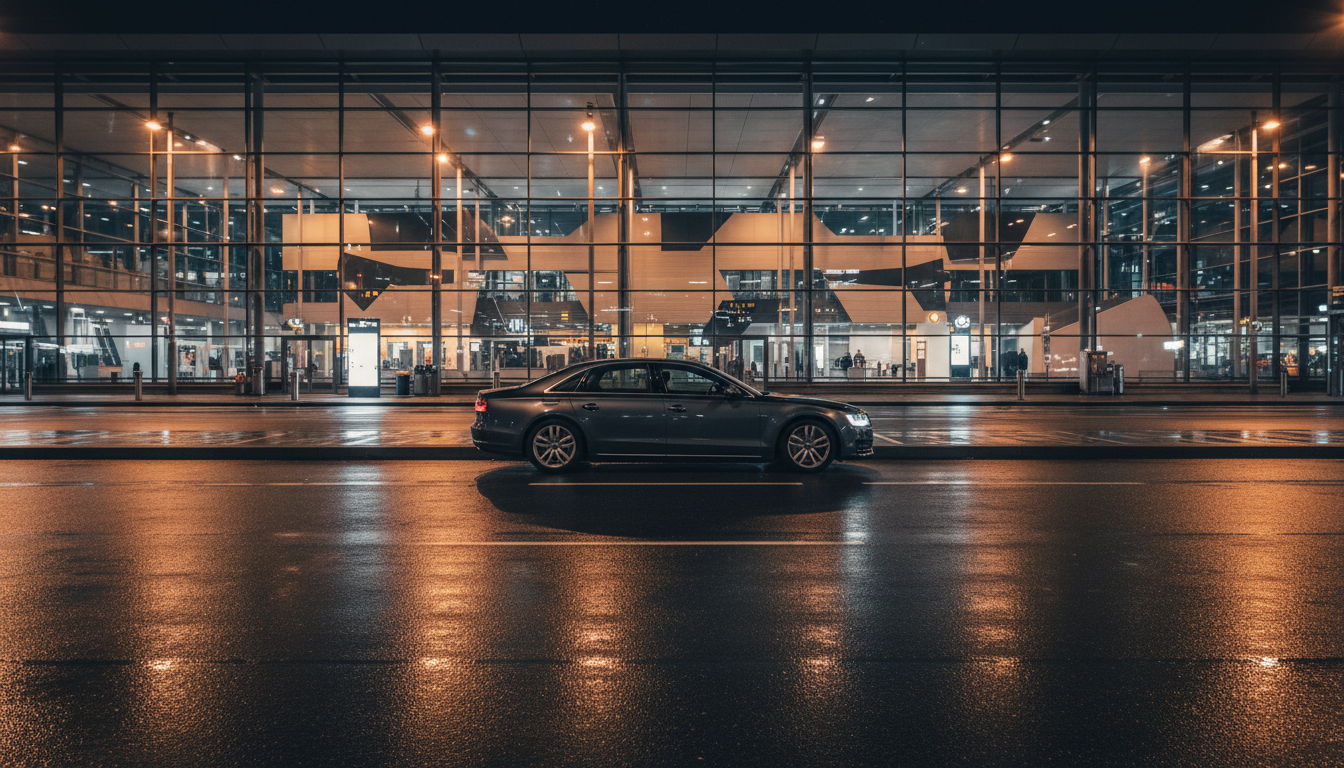 Vienna Airport kerbside at night, private transfer car waiting outside the terminal