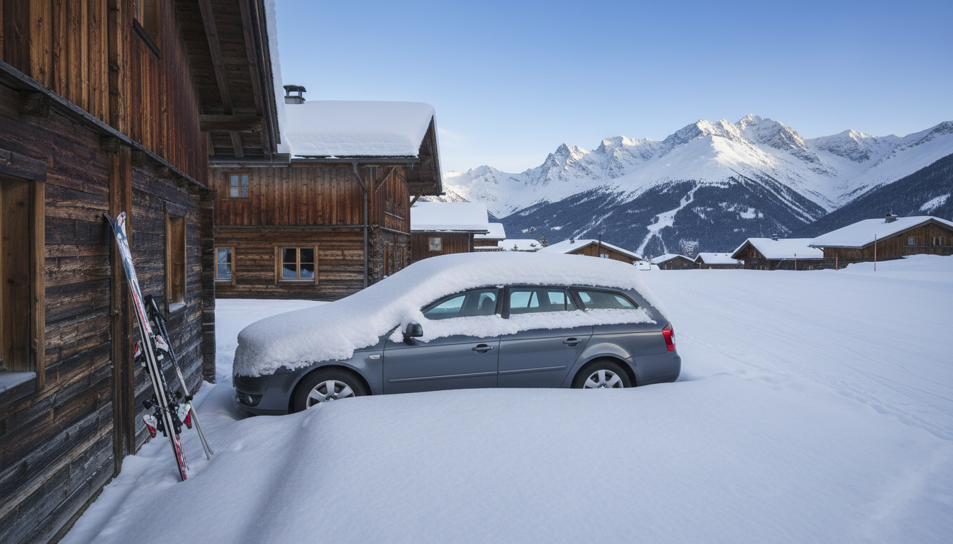 A hire car buried in fresh snow outside an Alpine ski chalet