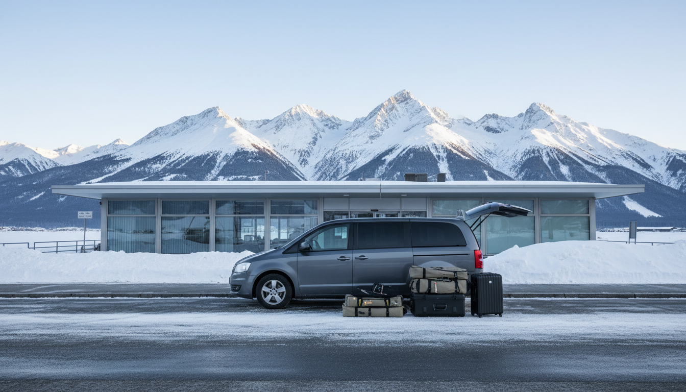 A minivan loaded with ski bags outside an Alpine airport terminal in winter